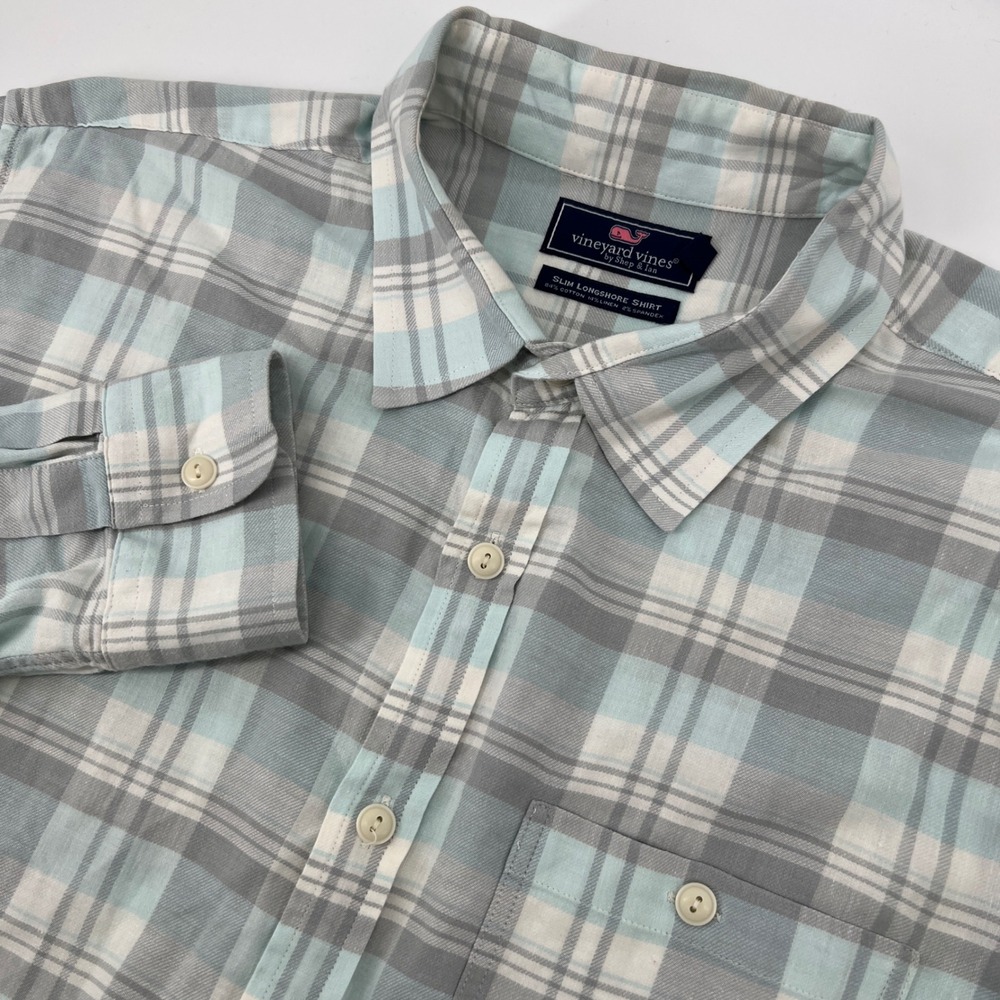 Vineyard Vines Mens XL Slim Longshore Shirt Plaid Button Down Cotton Linen